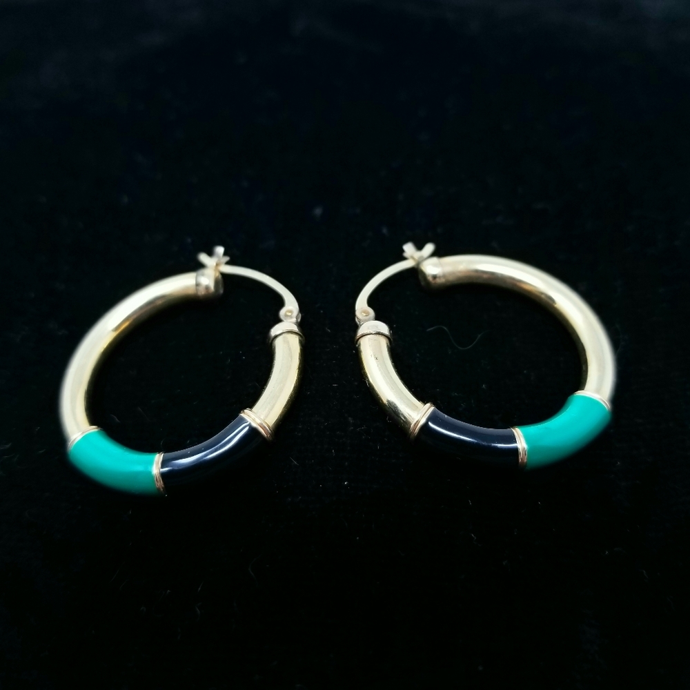 Vintage Krementz 14k Green & Black Enamel Earrings - Picture 2 of 6